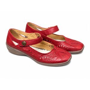 Hotter Chile Red Leather Mary Jane Comfort Flats 8.5 Extra Wide Fit EXF Cottage